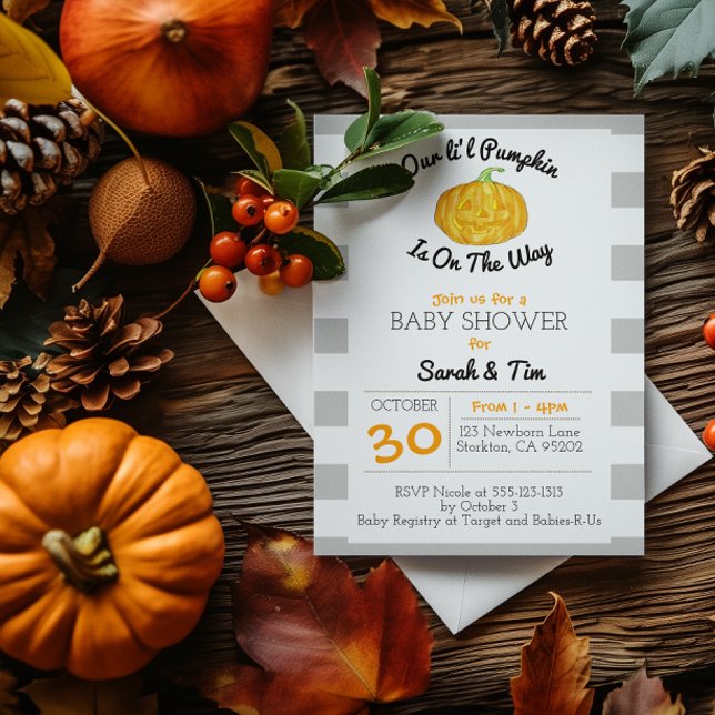 Little Pumpkin Grey and Orange Small Baby Shower Invitation (Creator Uploaded)