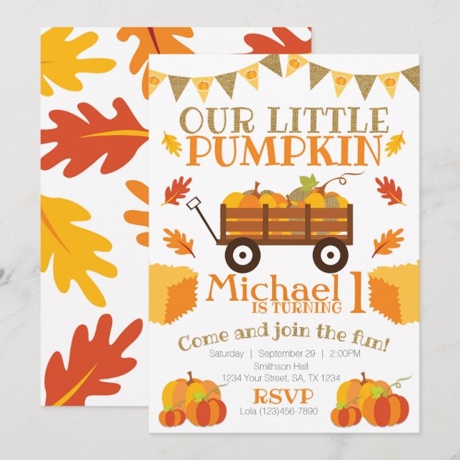 Little Pumpkin Invitation, Pumpkin Patch Birthday Invitation (Front/Back)