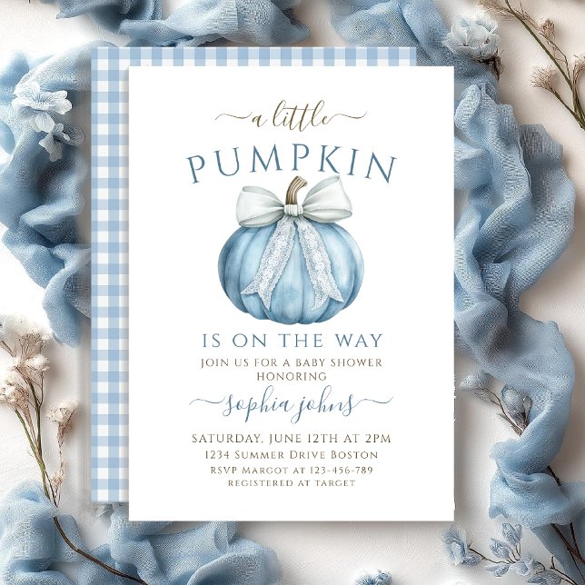 Little Pumpkin is On The Way Blue Bow baby shower Invitation (Creator Uploaded)
