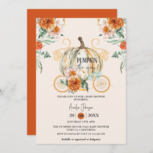 Little Pumpkin is on the way Fall Baby Shower  Invitation (Front/Back)