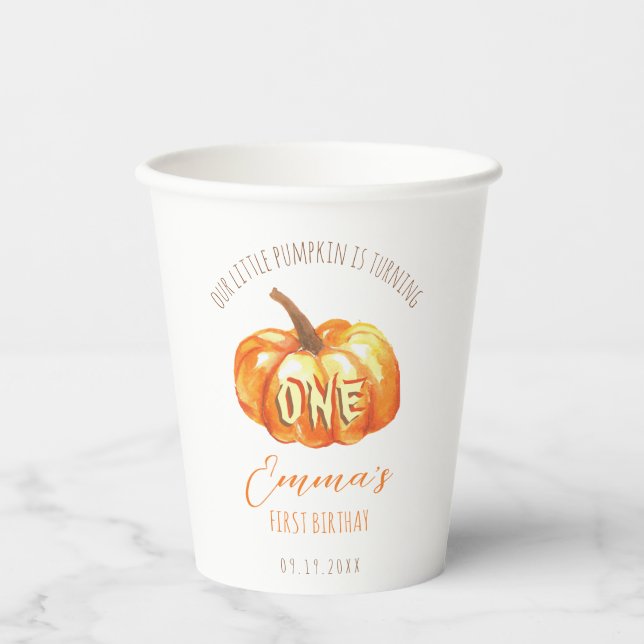 Little Pumpkin Is Turning 1 Autumn First Birthday Paper Cups (Front)