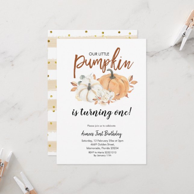 Little Pumpkin is Turning One Girl Birthday Invitation (Front/Back In Situ)