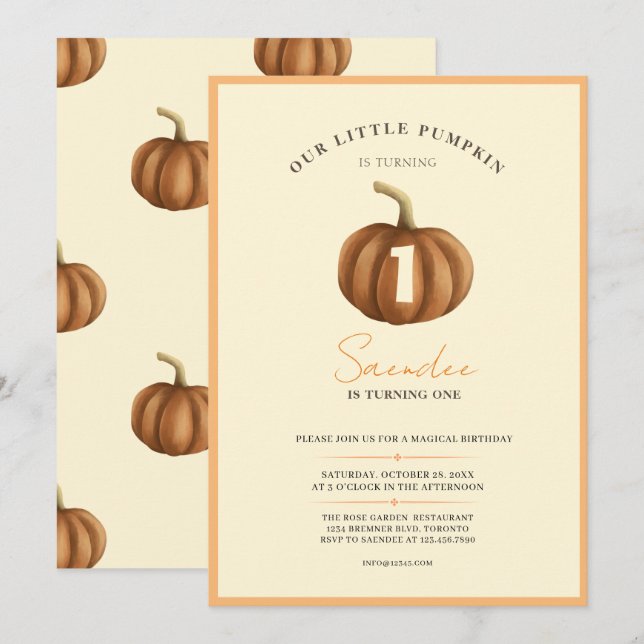 Little Pumpkin Is Turning One Invitation (Front/Back)
