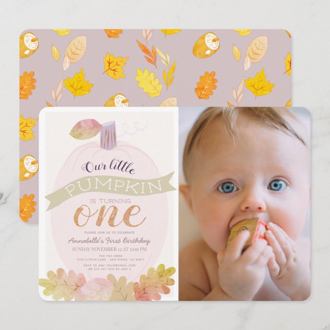 Little Pumpkin Lavender Pink 1st Birthday Photo Invitation (Front/Back)