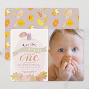 Little Pumpkin Lavender Pink 1st Birthday Photo Invitation