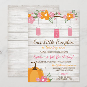 Little Pumpkin Mason Jars Fall Girl First Birthday Invitation