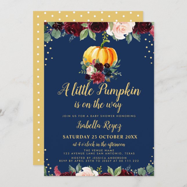little pumpkin navy floral baby shower invitation (Front/Back)