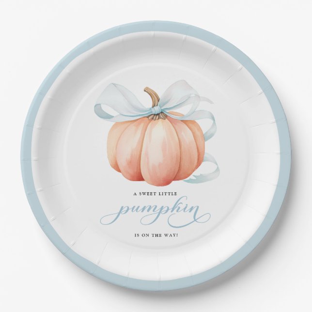 Little Pumpkin on the Way Blue Bow Baby Shower Paper Plate (Front)