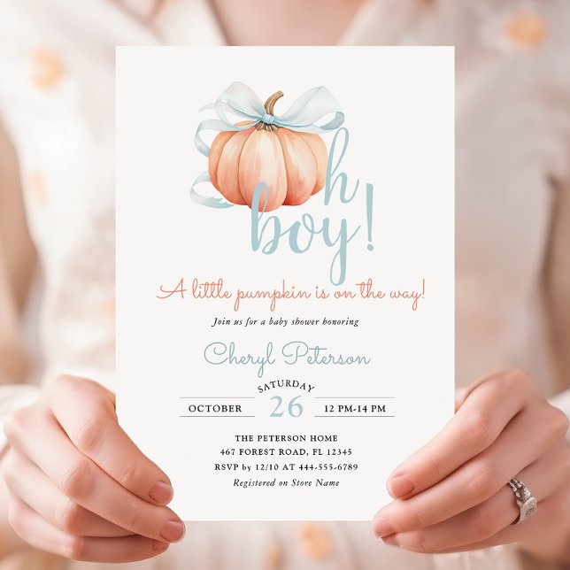 Little Pumpkin on the Way Blue Bow Boy Baby Shower Invitation (Creator Uploaded)