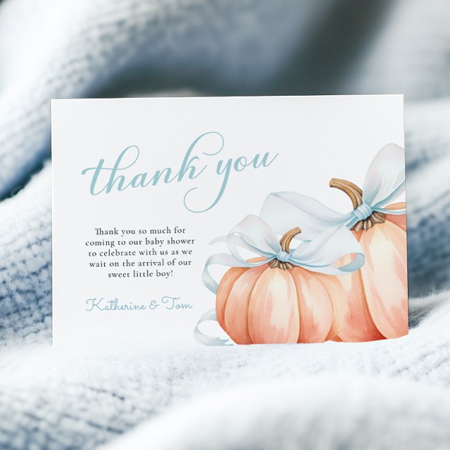 Little Pumpkin on the Way Blue Bow Boy Baby Shower Thank You Card (Creator Uploaded)