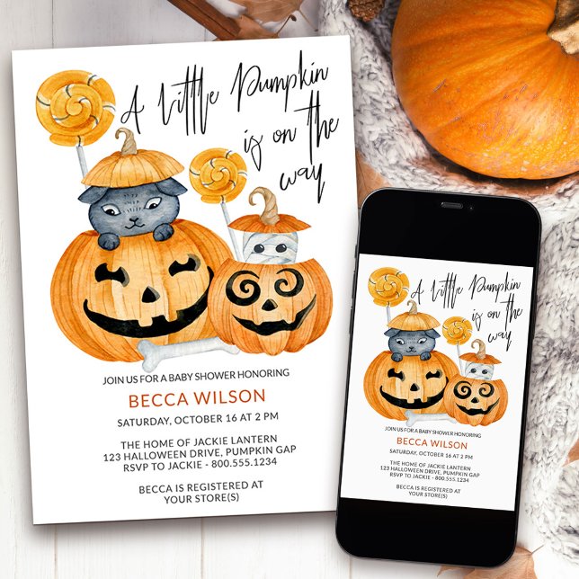 Little Pumpkin on the Way Halloween Baby Shower Invitation (Little Pumpkin cute halloween baby shower invitation available printed or as a printable download)