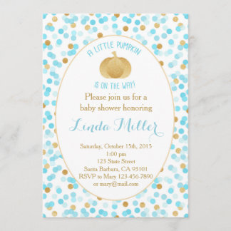 Little Pumpkin on the Way Invitation Blue Gold