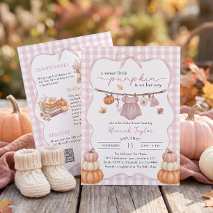 Little Pumpkin on the Way Pink Gingham Baby Shower Invitation