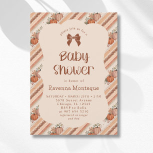 Little Pumpkin Orange Striped Bow Baby Shower Invitation