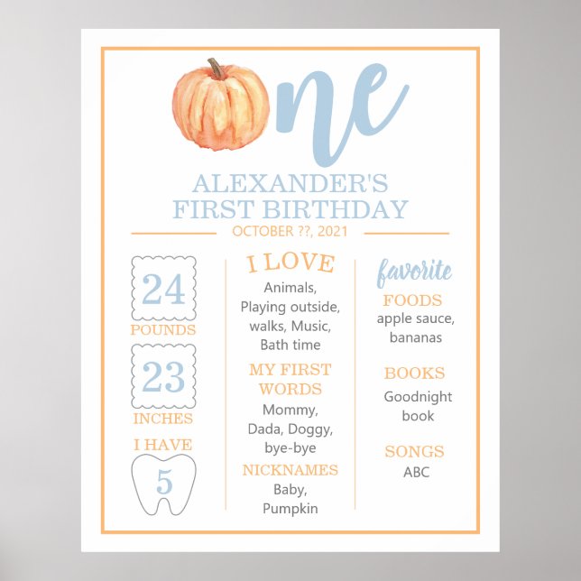 Little Pumpkin pastel blue 1ST Birthday Milestone Poster (Front)