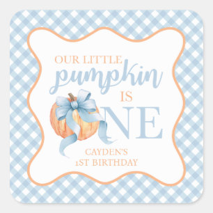 Little Pumpkin pastel blue bow plaid 1st birthday Square Sticker