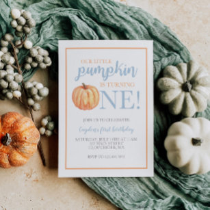 Little Pumpkin Pastel Blue Fall First Birthday Inv Invitation