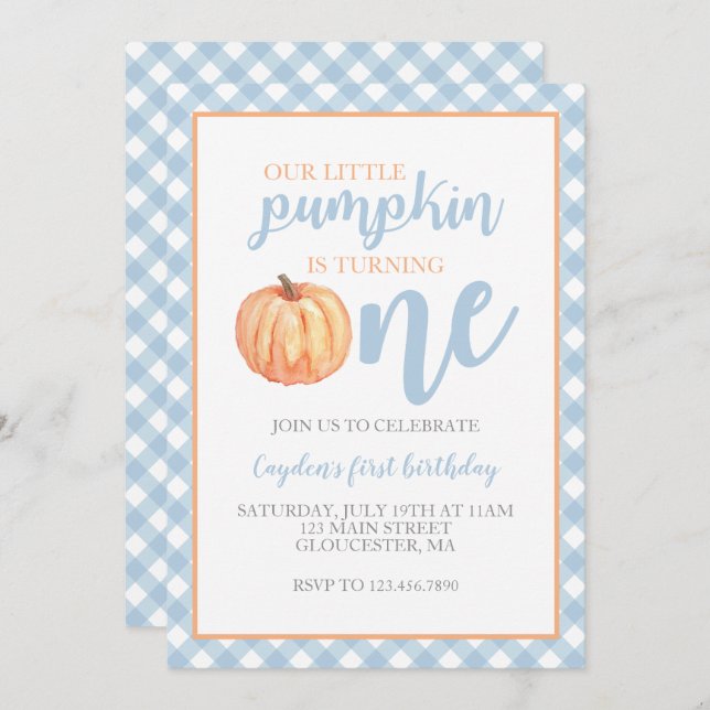 Little Pumpkin Pastel Blue Fall First Birthday Invitation (Front/Back)