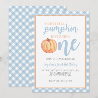 Little Pumpkin Pastel Blue Fall First Birthday Invitation