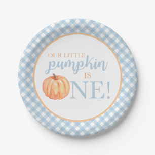 Little Pumpkin pastel blue plaid first birthday Paper Plate