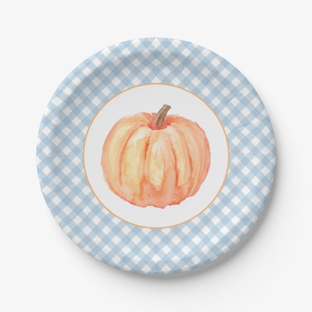 Little Pumpkin pastel blue plaid first birthday Paper Plate (Front)