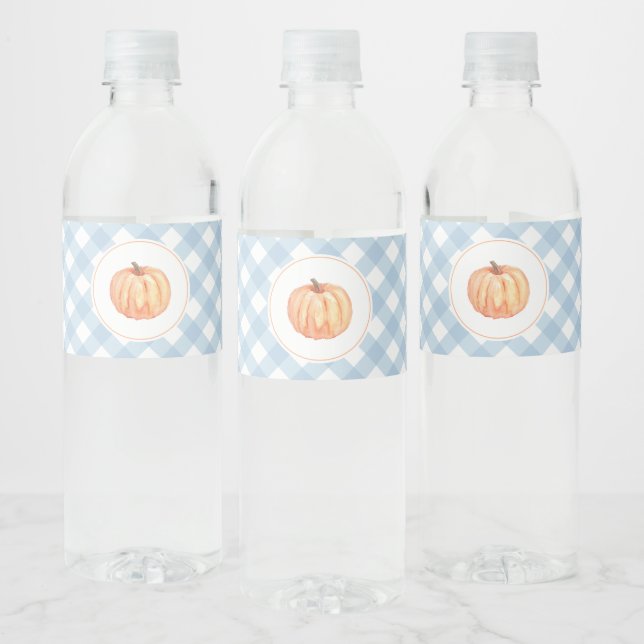 Little Pumpkin pastel blue plaid first birthday Water Bottle Label (Bottles)