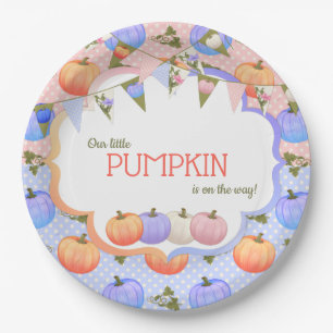 Little Pumpkin Patch Gender Reveal Blue Peach Paper Plate