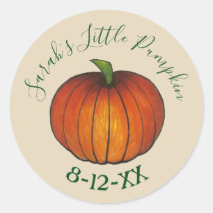 Little Pumpkin Personalized Baby Shower Birth Date Classic Round Sticker