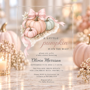 Little Pumpkin Pink Bow Baby Shower Acrylic Invitations