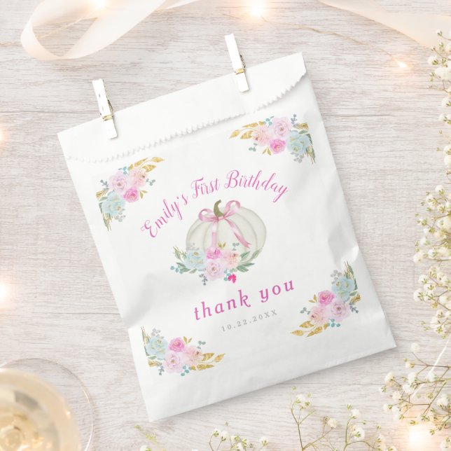 Little Pumpkin Pink Bow First Birthday Favour Bag (Clipped)