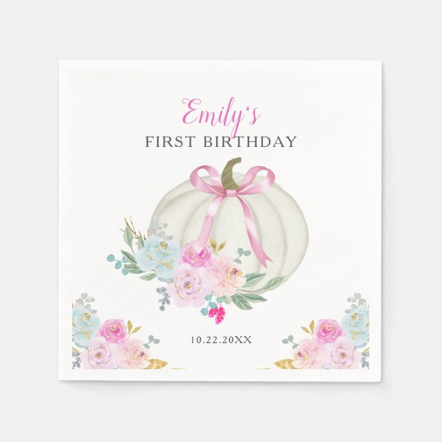 Little Pumpkin Pink Bow Girls First Birthday Napkin (Front)