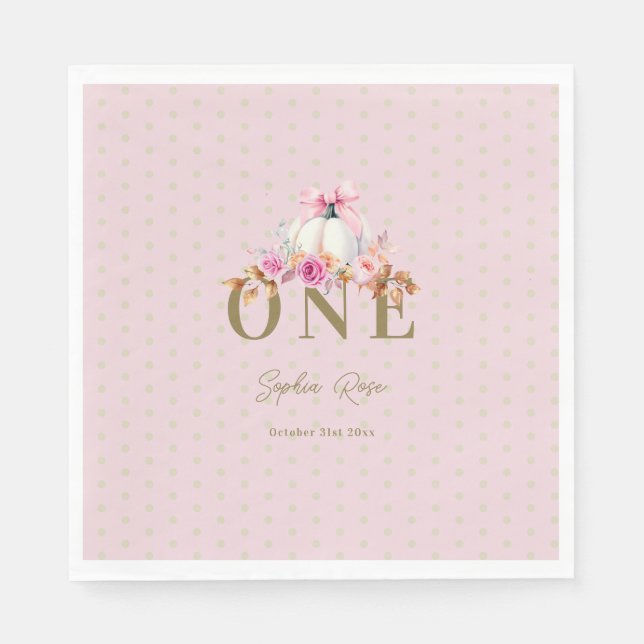 Little Pumpkin Pink Bow Roses Dots 1st Birthday Napkin (Front)