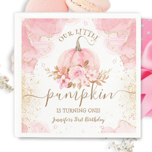 Little Pumpkin Pink Floral Girl Fall 1st Birthday Napkin