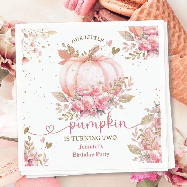 Little Pumpkin Pink Floral Girl Fall 2nd Birthday Napkin (Creator Uploaded)