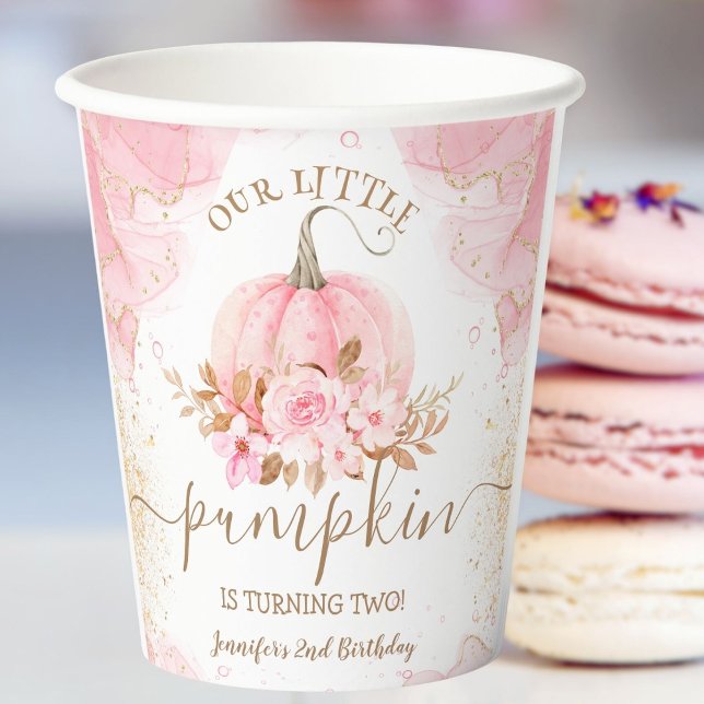 Little Pumpkin Pink Floral Girl Fall 2nd Birthday Paper Cups (Creator Uploaded)