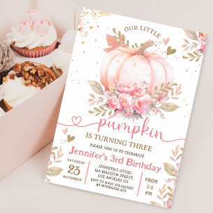 Little Pumpkin Pink Floral Girl Fall 3rd Birthday  Invitation