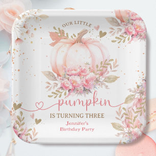 Little Pumpkin Pink Floral Girl Fall 3rd Birthday Paper Plate