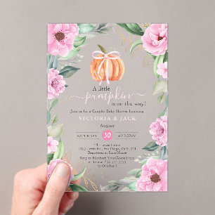 Little Pumpkin Pink Flowers Leaf Fall Baby Shower Acrylic Invitations