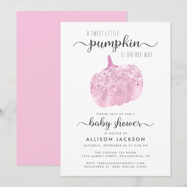Little Pumpkin Pink Glitter Sparkle Baby Shower Invitation (Front/Back)