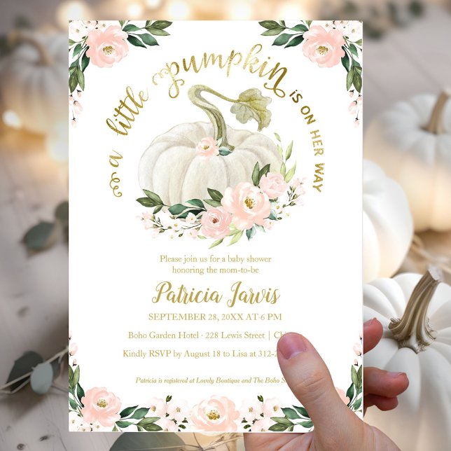 Little Pumpkin Pink Gold Baby Shower Invitation (Creator Uploaded)