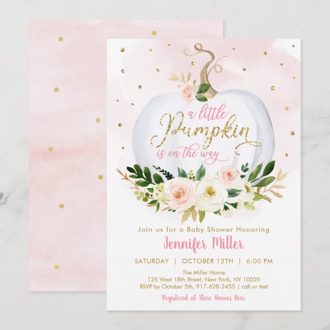 Little Pumpkin Pink Gold Floral Baby Shower Invitation (Front/Back)