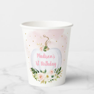 Little Pumpkin Pink Gold Floral Birthday Paper Cups
