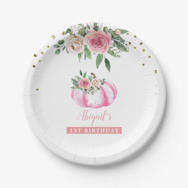 Little Pumpkin Pink Gold Floral Girl 1st Birthday Paper Plate (Front)
