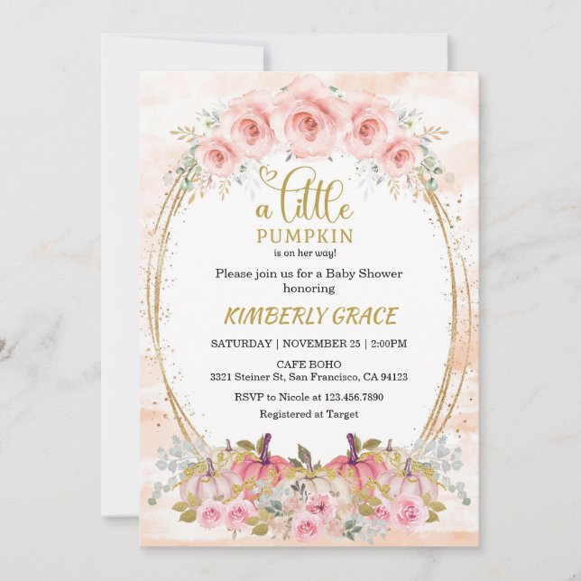 Little Pumpkin Pink Pumpkin Flowers Baby Shower  Invitation (Front)