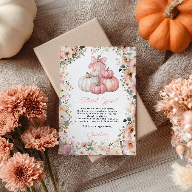 Little Pumpkin Pink Stack Fall Floral Baby Shower Thank You Card (Little Pumpkin Pink Stack Fall Floral Baby Shower Thank You Card)