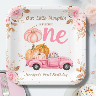 Little Pumpkin Pink Truck Girl Fall 1st Birthday Paper Plate