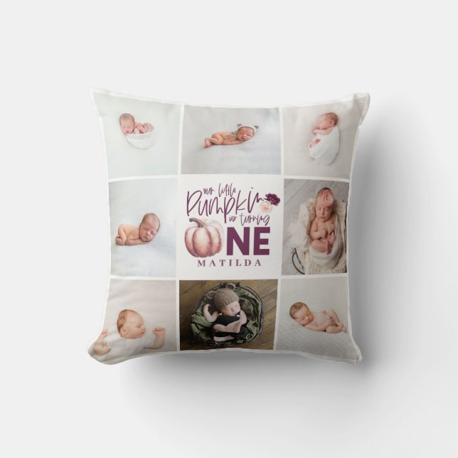 little pumpkin purple 1st birthday multi photo throw pillow (Front)