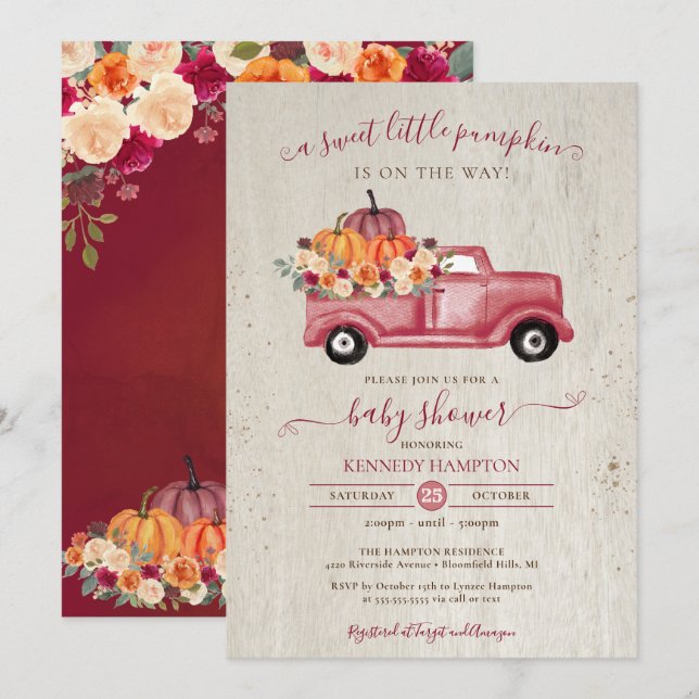 Little Pumpkin Red Fall Pickup Truck Baby Shower I Invitation (Front/Back)