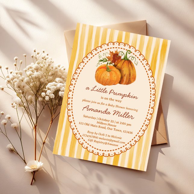 Little pumpkin retro stripes baby shower invitation (Little pumpkin hand drawn retro yellow stripes cute fall baby shower invitation cards template)