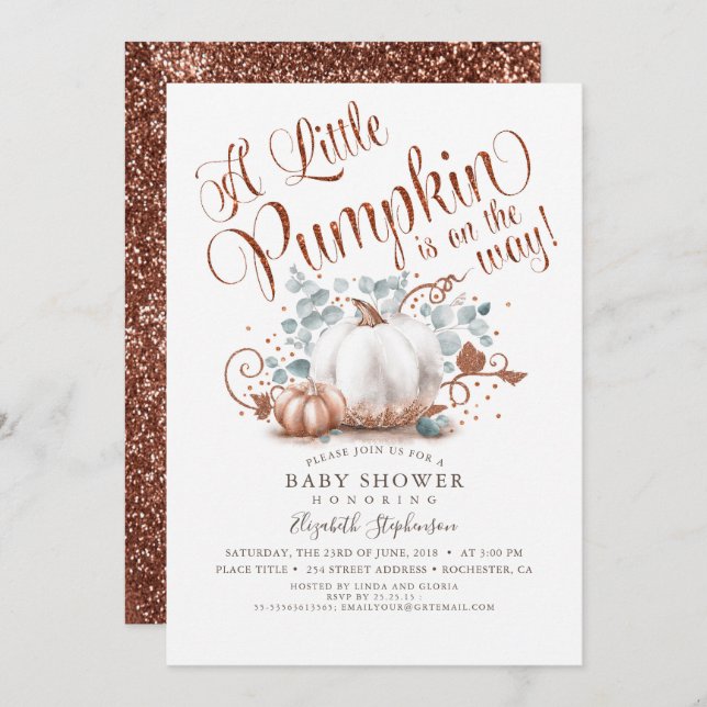 Little Pumpkin Rose Gold Glitters Fall Baby Shower Invitation (Front/Back)
